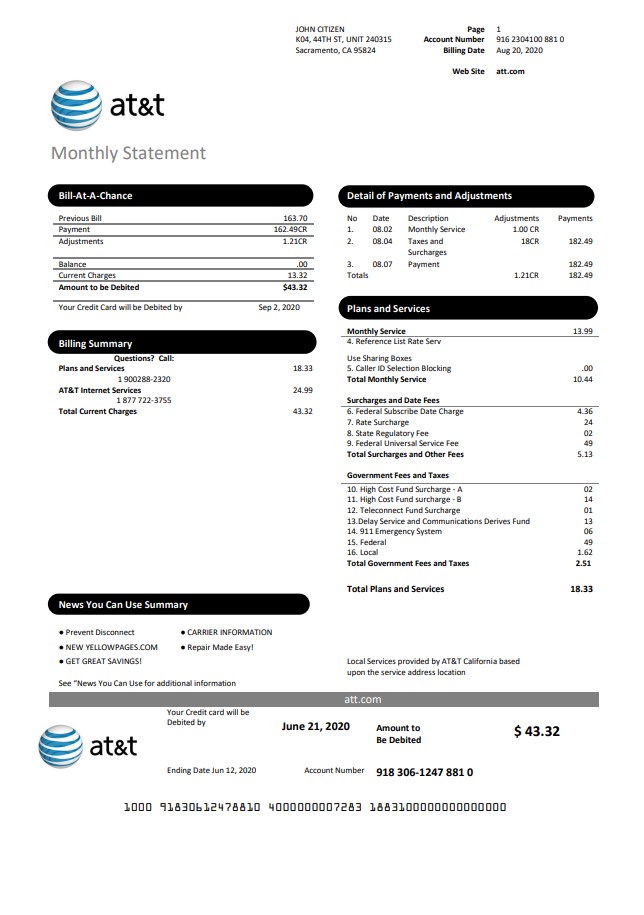 USA Texas AT&T easy to fill utility bill template in Word and PDF format
